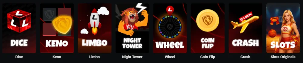 Leon original games selection including Dice, Keno, and Limbo